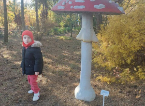 Zdjęcie chłopca stojącego pod muchomorem