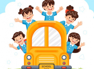 Grafika przedstawiająca szkolny autobus z dziećmi