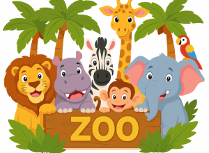 Ilustracja przestawiająca słonia, hipopotama, zebrę, małpę, żyrafę, słonia, papugę, palmy i napis ZOO