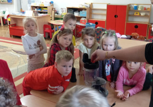 Dzieci patrzą jak nauczyciel wrzuca jabłka do wyciskarki