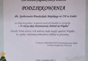 Podziękowanie dla placówki za przekazane dary