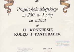 Dyplom dla Przedszkola Miejskiego nr 230 w Łodzi za udział w II konkursie kolęd i pastorałek