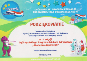 Podziękowanie za udział w III edycji Ogólnopolskiego Programu Edukacji Zdrowotnej "Akademia Aquafresh"