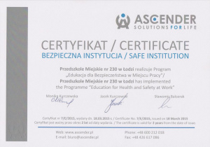 Certyfikat Przedszkola Miejskiego nr 230 za realizowanie programu "Edukacja dla bezpieczeństwa w miejscu pracy"