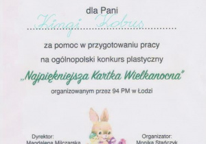 Podziękowanie dla Pani Kingi Kobus za pomoc w przygotowaniu pracy na ogólnopolski konkurs plastycznym "Najpiękniejsza Kartka Wielkanocna"