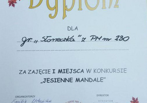 Dyplom dla grupy Słoneczka z Przedszkola Miejskiego nr 230 za zajęcie I miejsca w konkursie "Jesienne mandale"
