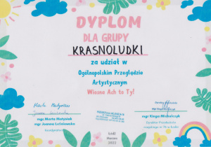 Dyplom dla grupy Krasnoludki za udział w Ogólnopolskim Przeglądzie Artystycznym Wiosna ach to Ty!